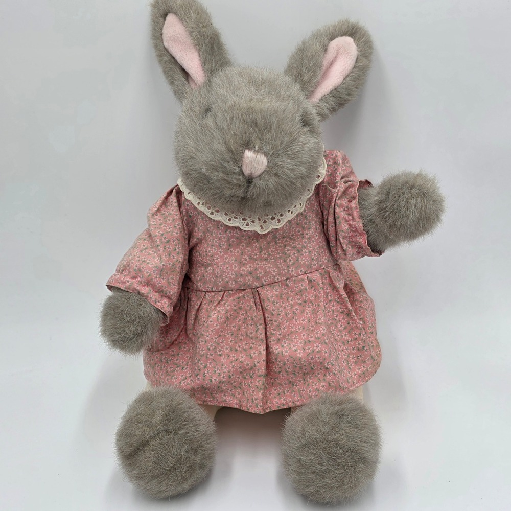 Vintage 1980s Applause Gray Bunny Rabbit Plush in Pink Dress 22"‎